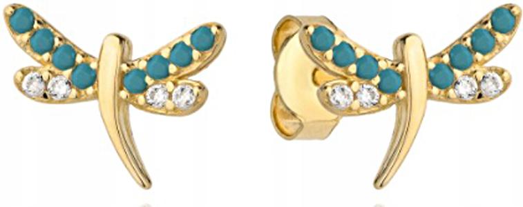 Zlaté náušnice 585 vážka s tyrkysovými kamínky na kolíku, šroubky 14k