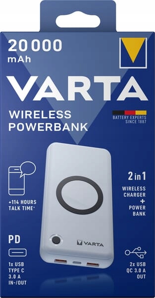 Varta Powerbank bezprzewodowy 20000mAh aluminium Usb C Pd QC3.0 Led