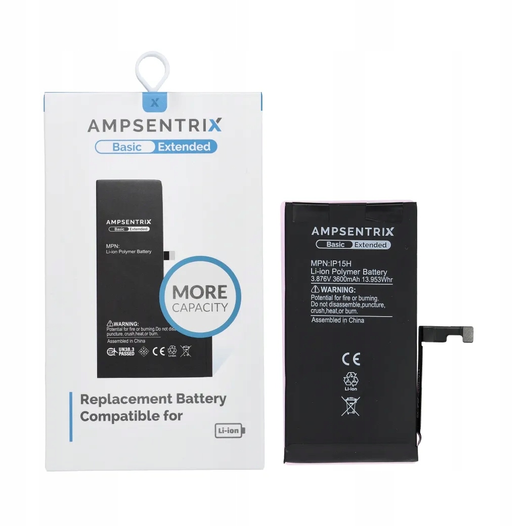 AmpSentrix Basic bateria do iPhone 15 (zwiększona pojemność 3600 mAh)