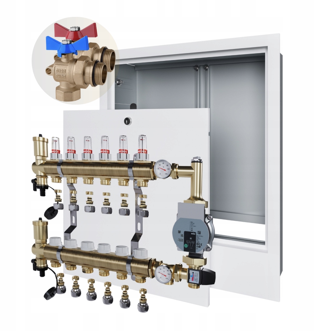Rozdělovač podlahového vytápění 7 Skříňka pod omítku+WILO+PEX+VENTIL Kul Úhel