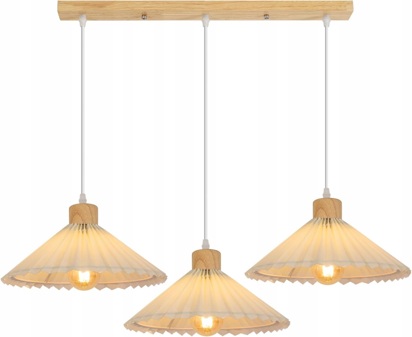 Závesná lampa 3-bodová E27, plisované plátno a drevo