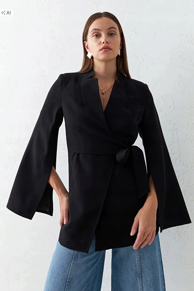 Černá Elegantní Bunda S Rozšířenými Rukávy, Velikost XL 5IA