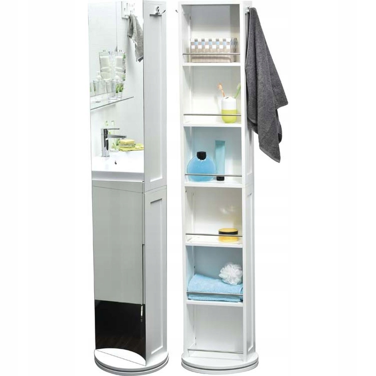 Otočný koupelnový regál se zrcadlem Sloupek Bílý