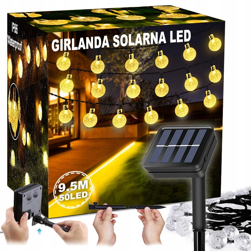 GIRLANDA SOLARNA LAMPKI SOLARNE 50LED 10M OGRODOWA NA BALKON DŁUGA ŚWIETLNA