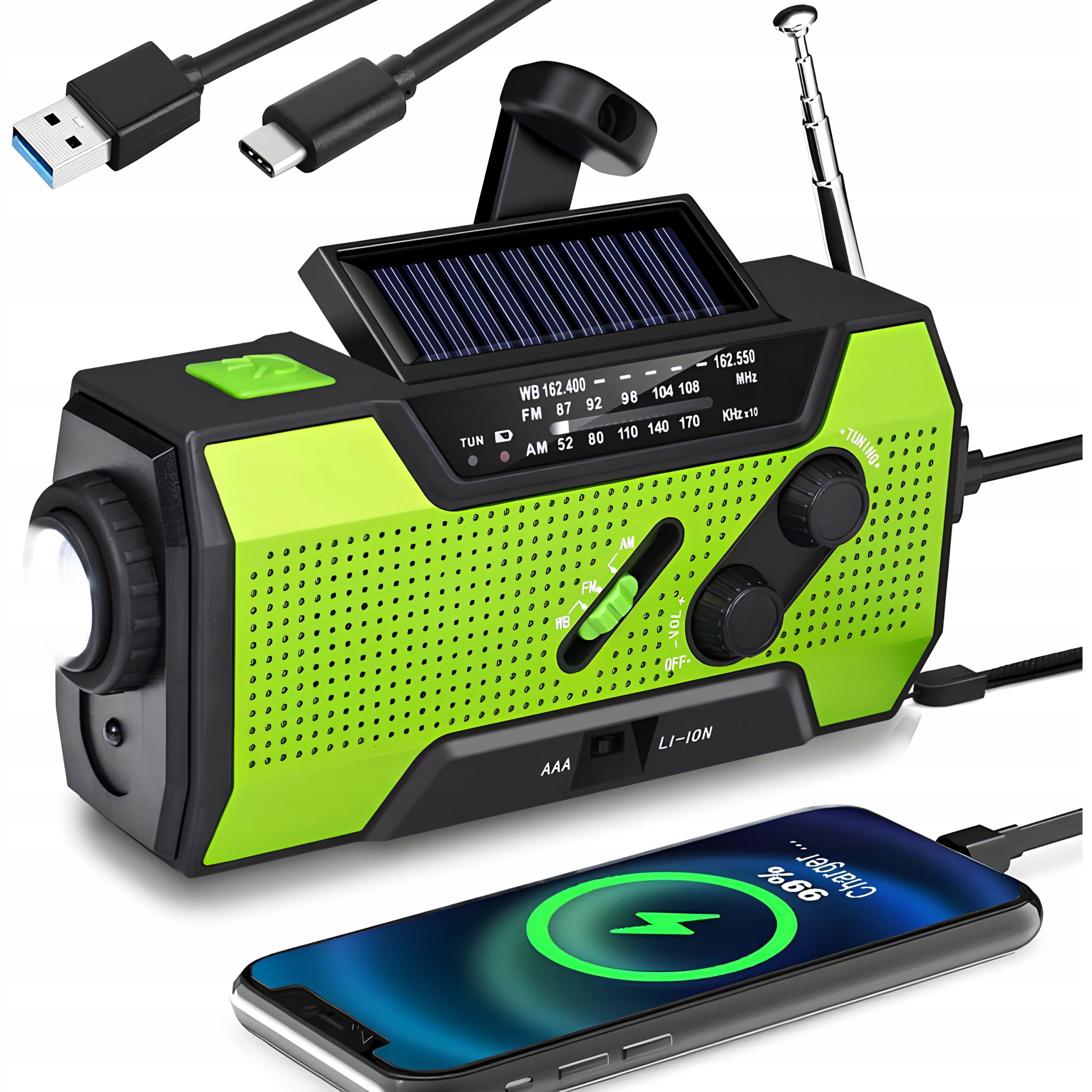 Radio Przenośne Solarne Korbka Alarm Dynamo Awaryjne Latarka Powerbank 3w1