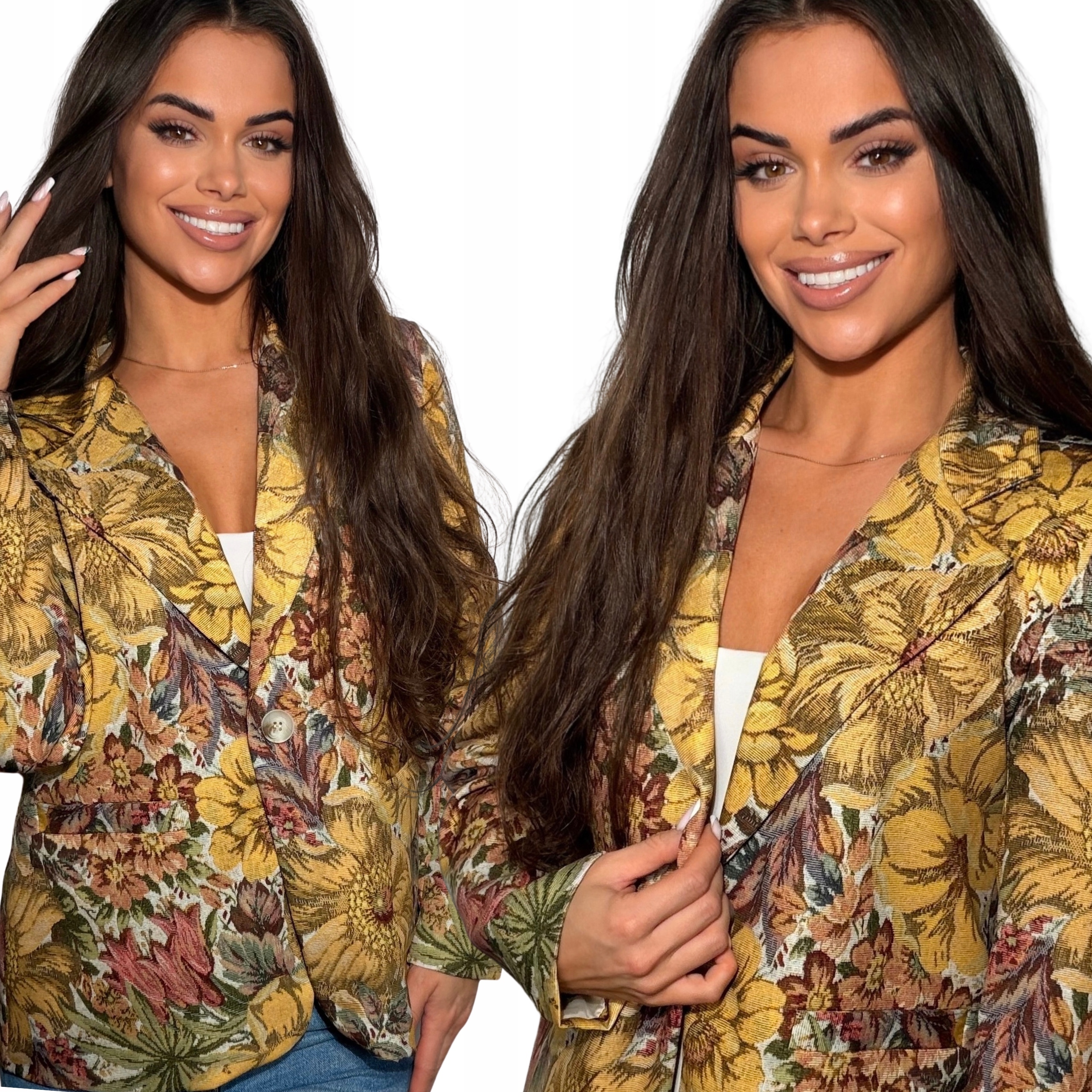 Marynarka Damska Żakiet Kobiecy Kwiaty Klasyk Wiosna Miodowy S M L XL 3116