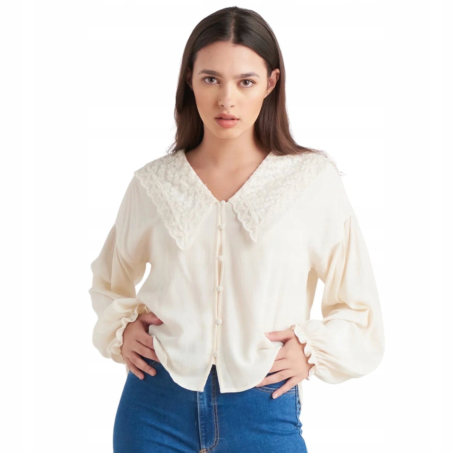 Zara dámská krémová halenka s vyšívaným oversize límcem vel. S