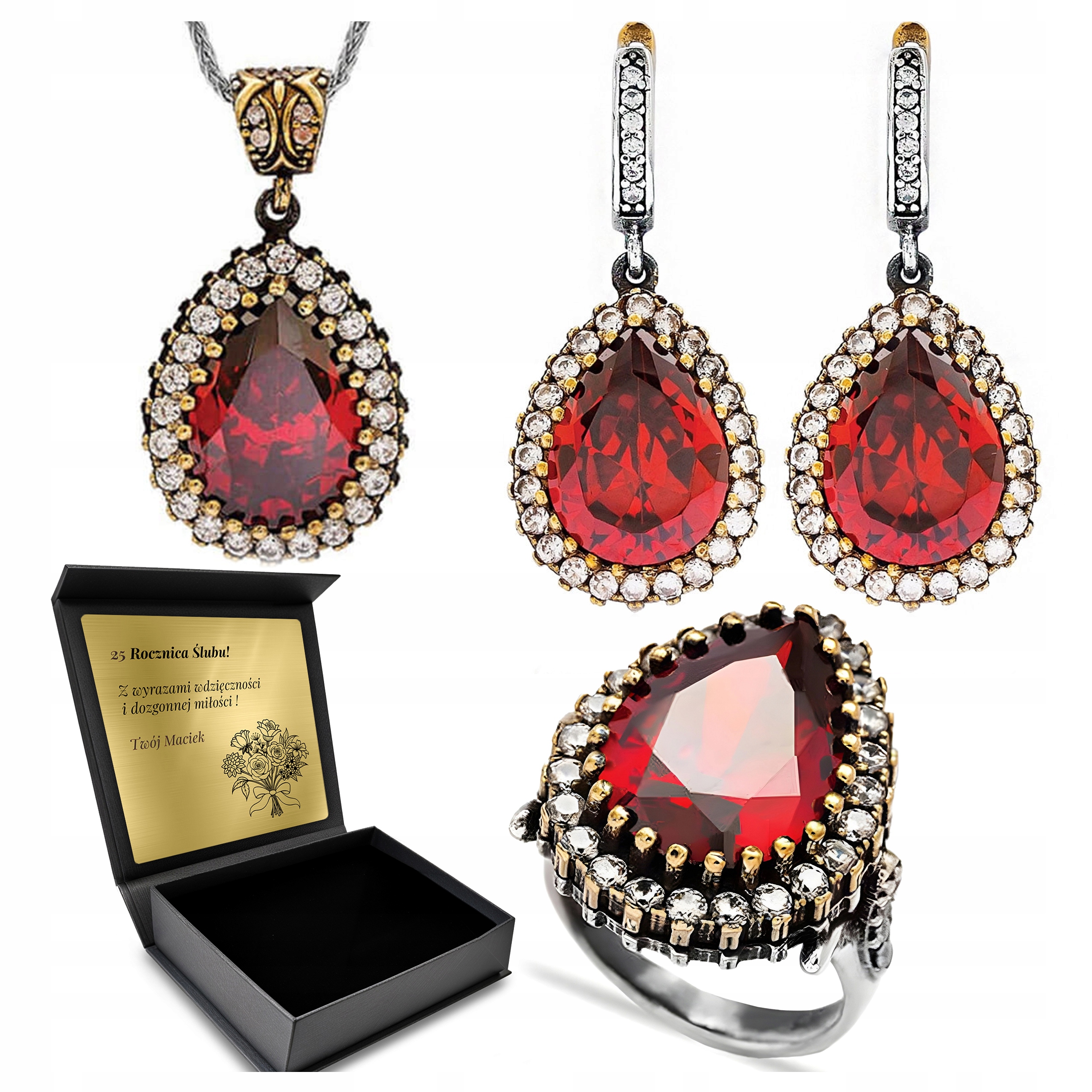 Komplet Stříbrných Šperků 925 S Granátem A Zirkony pro ženy Gravírování