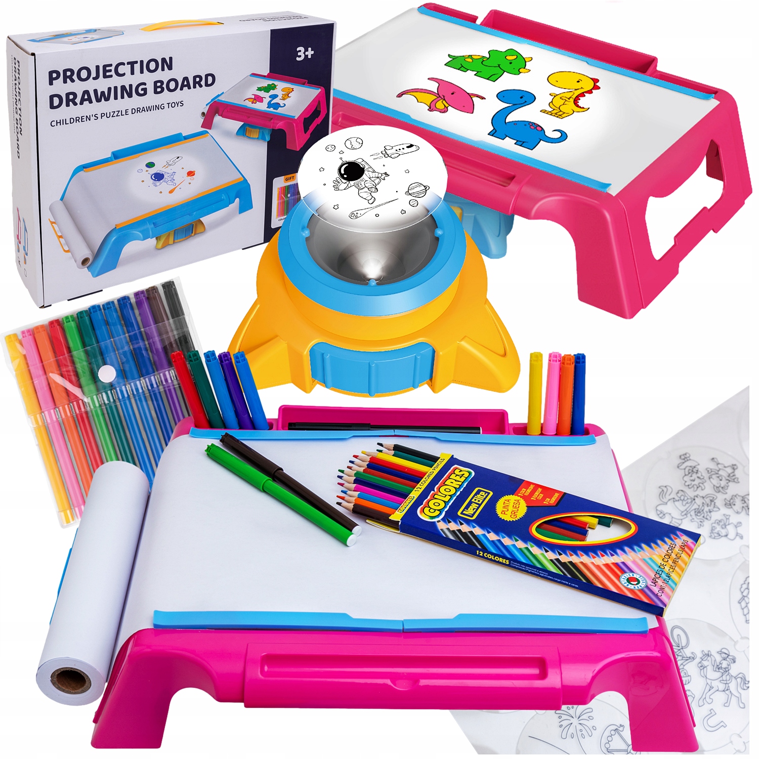 Zestaw do rysowania TABLICA PROJEKTOR RZUTNIK do nauki WZORY MAZAKI KREDKI