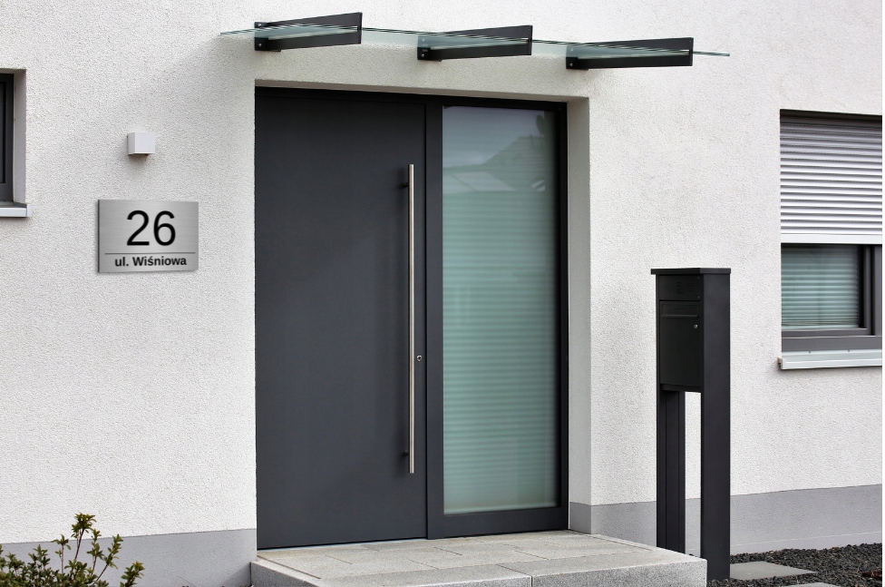 NUMER NA DOM TABLICZKA 30x20cm DYSTANSE KOŁKI MONTAŻOWE INOX ADRES NR ULICY Kolor srebrny