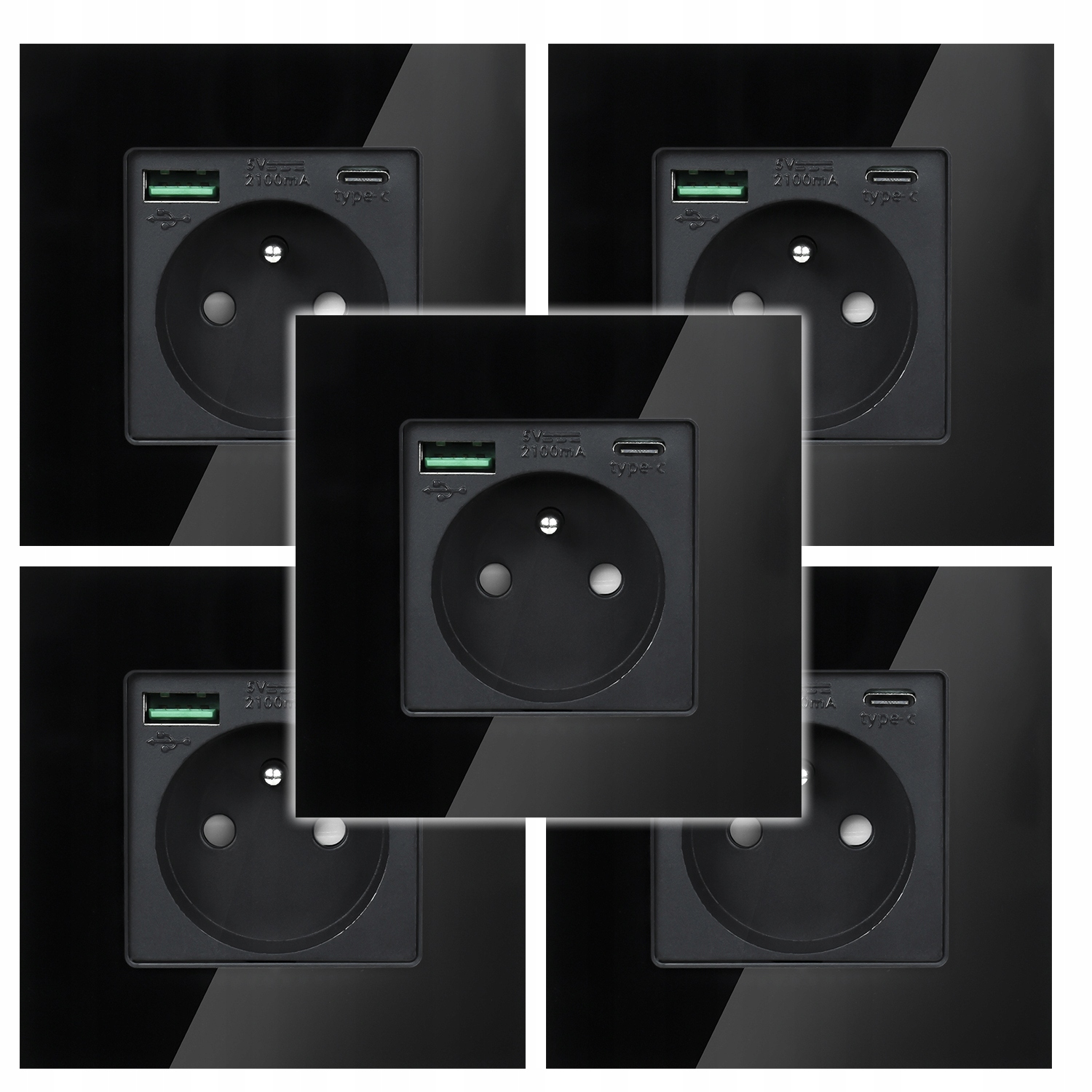 5x Černá Elektrická Zásuvka Nástěnný Kontakt S Vestavěnou Usb Nabíječkou