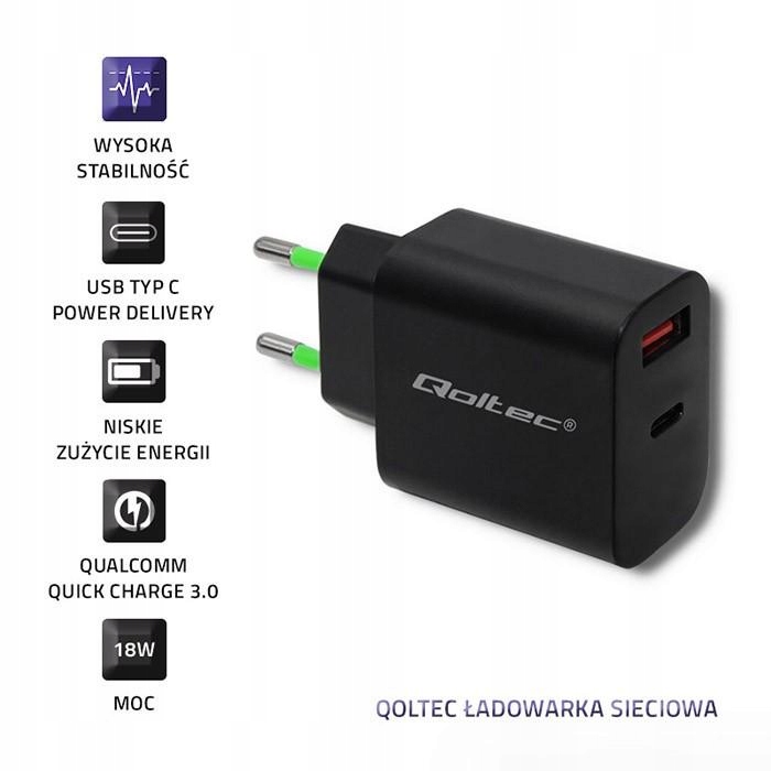 Ładowarka sieciowa 18W 5-12V 1.5-3A Usb typ C Pd Usb Qc 3.0
