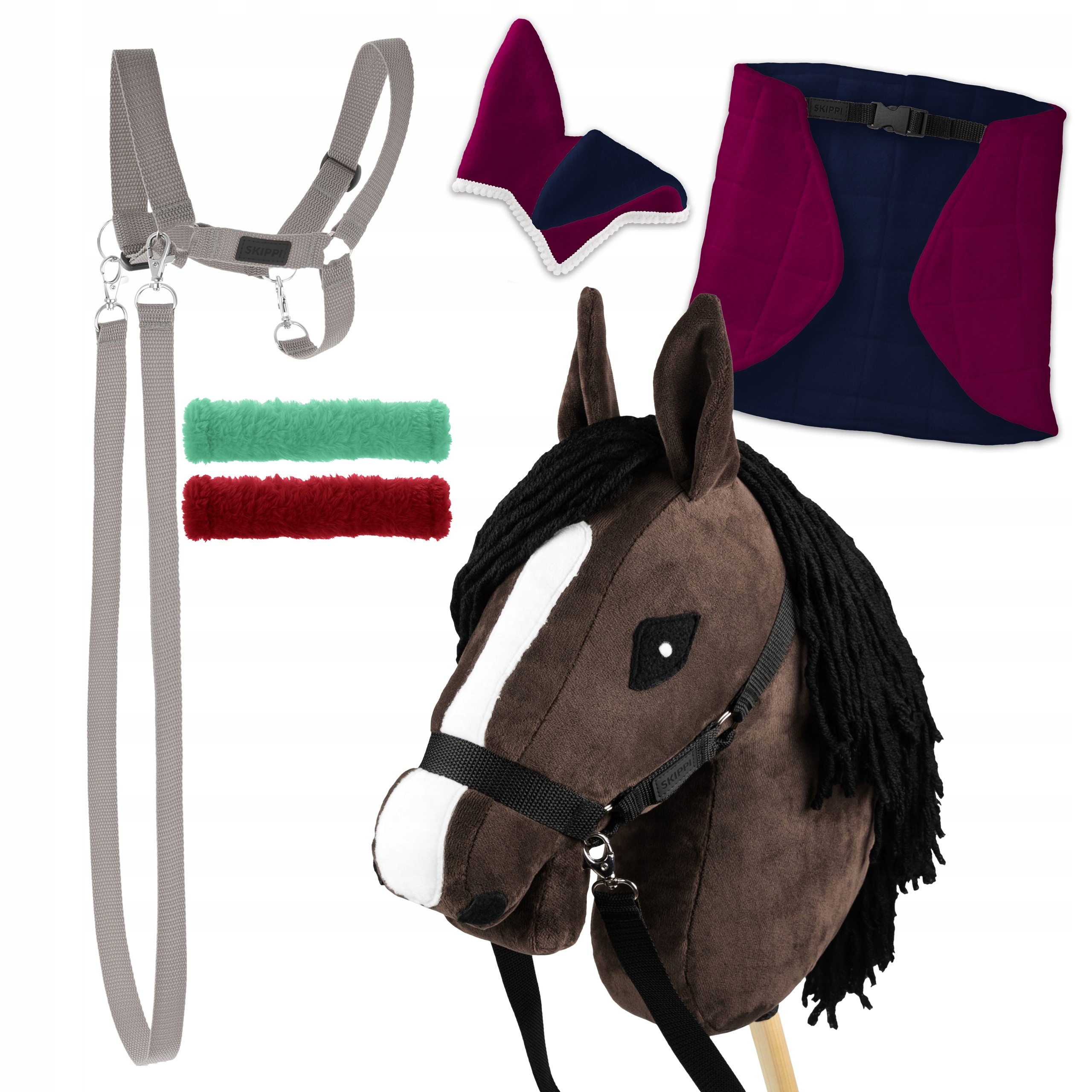 (hs) Sada Skippi Hobby Horse Gniady Deka fuchsia a granát Kantár