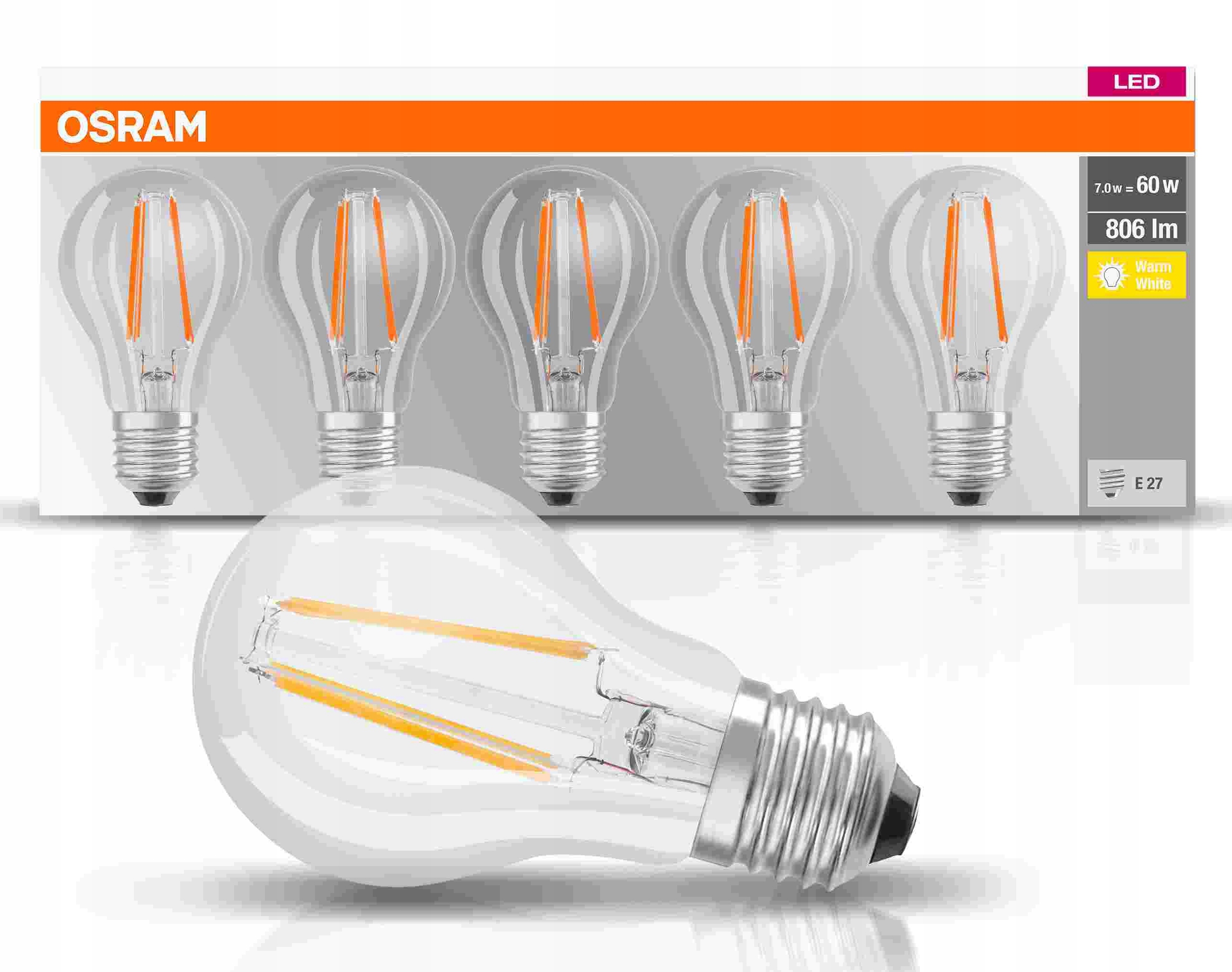 Żarówka Filament LED 7W=60W E27 Osram 2700K 5-pak