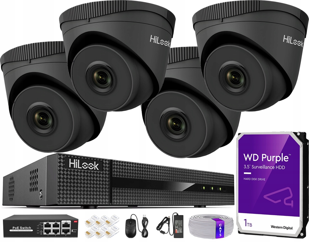 Ip monitorování Sada 4 kamer IPCAM-T5 Černý rekordér NVR-4CH-5MP HiLook