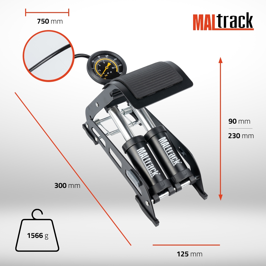 NOŽNÍ PUMPA NA KOLO S DVOUPÍSTOVÝM MANOMETREM NA KOLO AUTOMATRACE Značka MalTrack