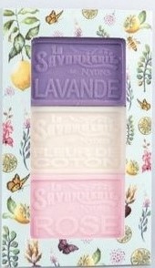 Sada marseillských mýdel La Savonnerie de Nyons levandule růže bavlna 3x100 g
