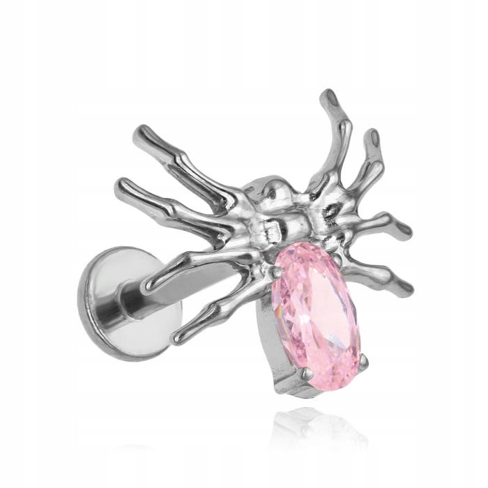 Titanový náušník labret pavouk s růžovou zirkonií, stříbrný, 1,2/8