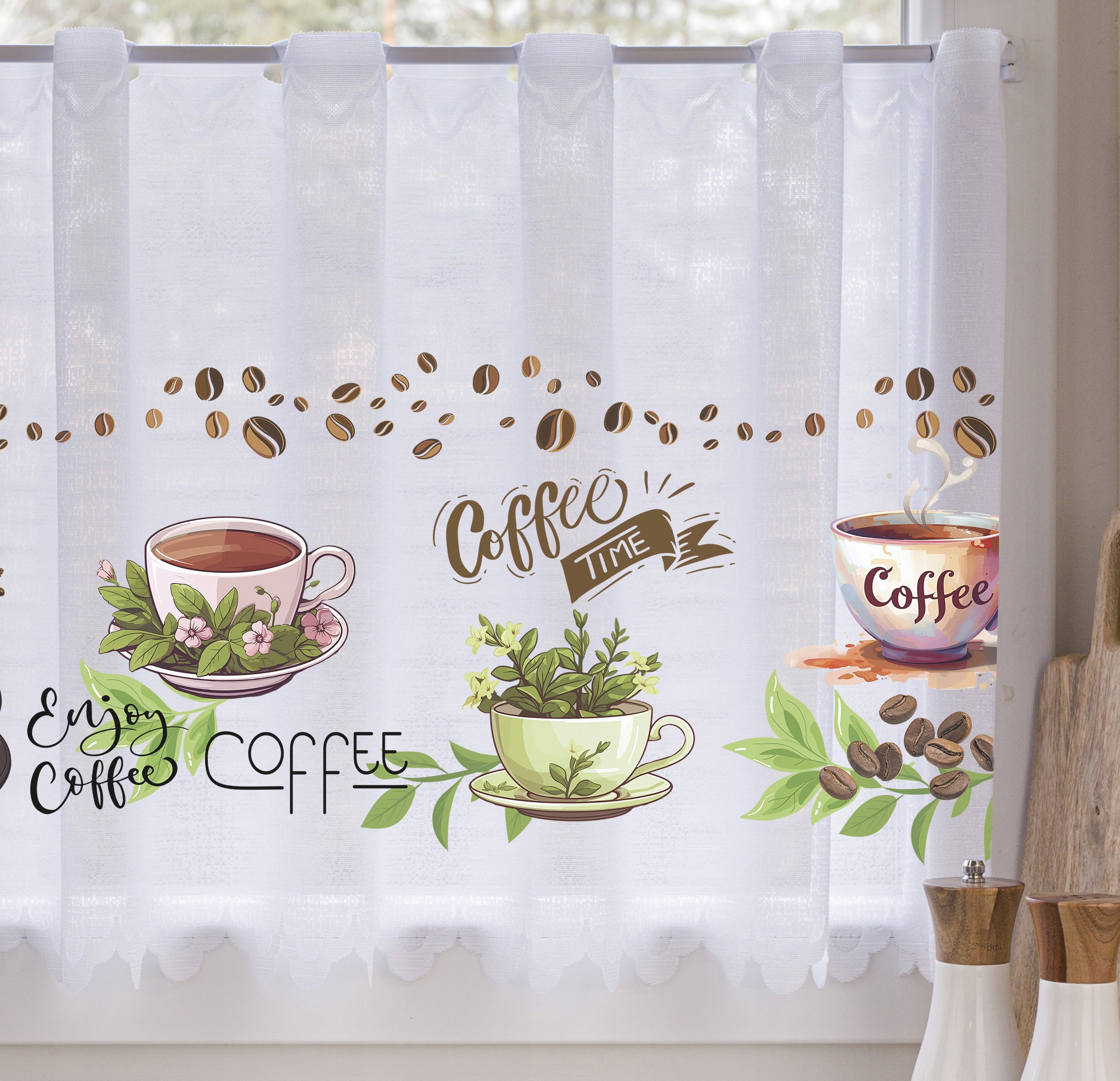 Mg Vitrážová Záclona do kuchyně Enjoy Coffee 88 350x60 cm, lemované boky, šitá