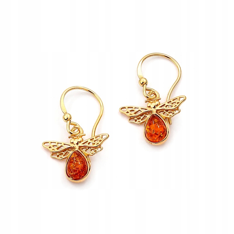 Zlaté Náušnice S Jantarem A Stříbrně Pozlacenými Včelkami