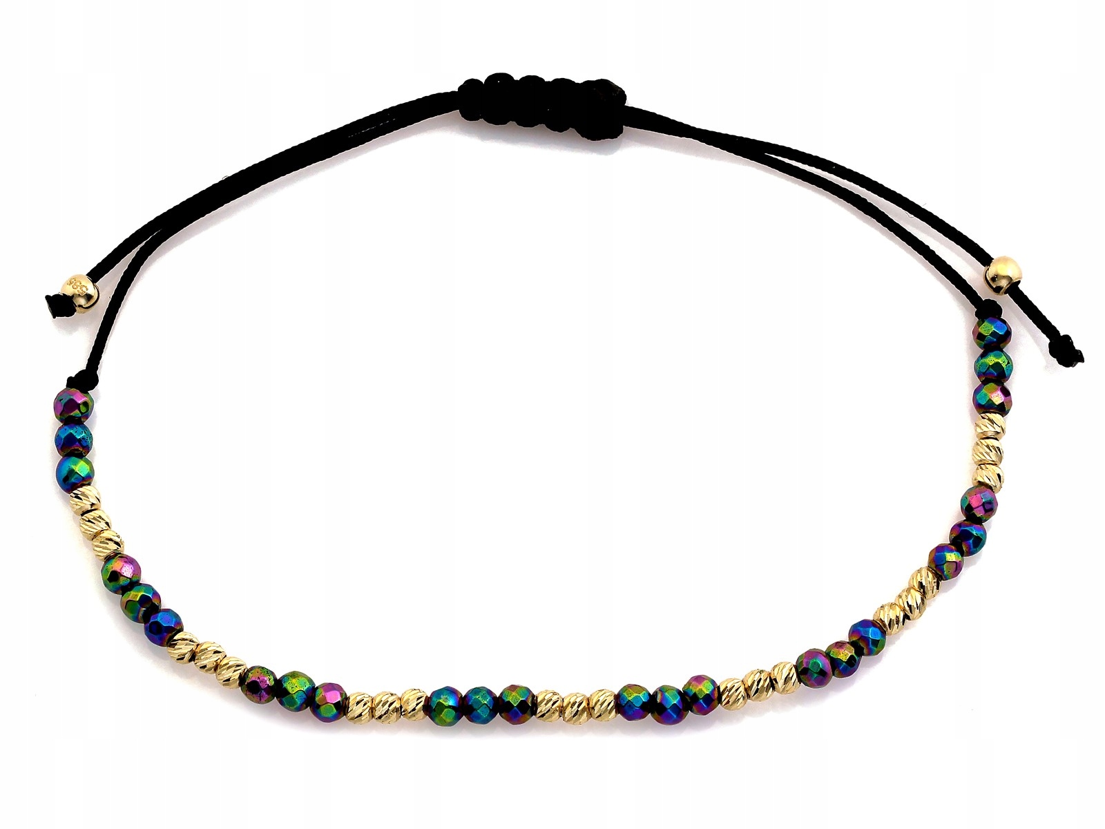 Zlatý náramek 585 na provázku s kuličkami a barevnými kamínky jako dárek