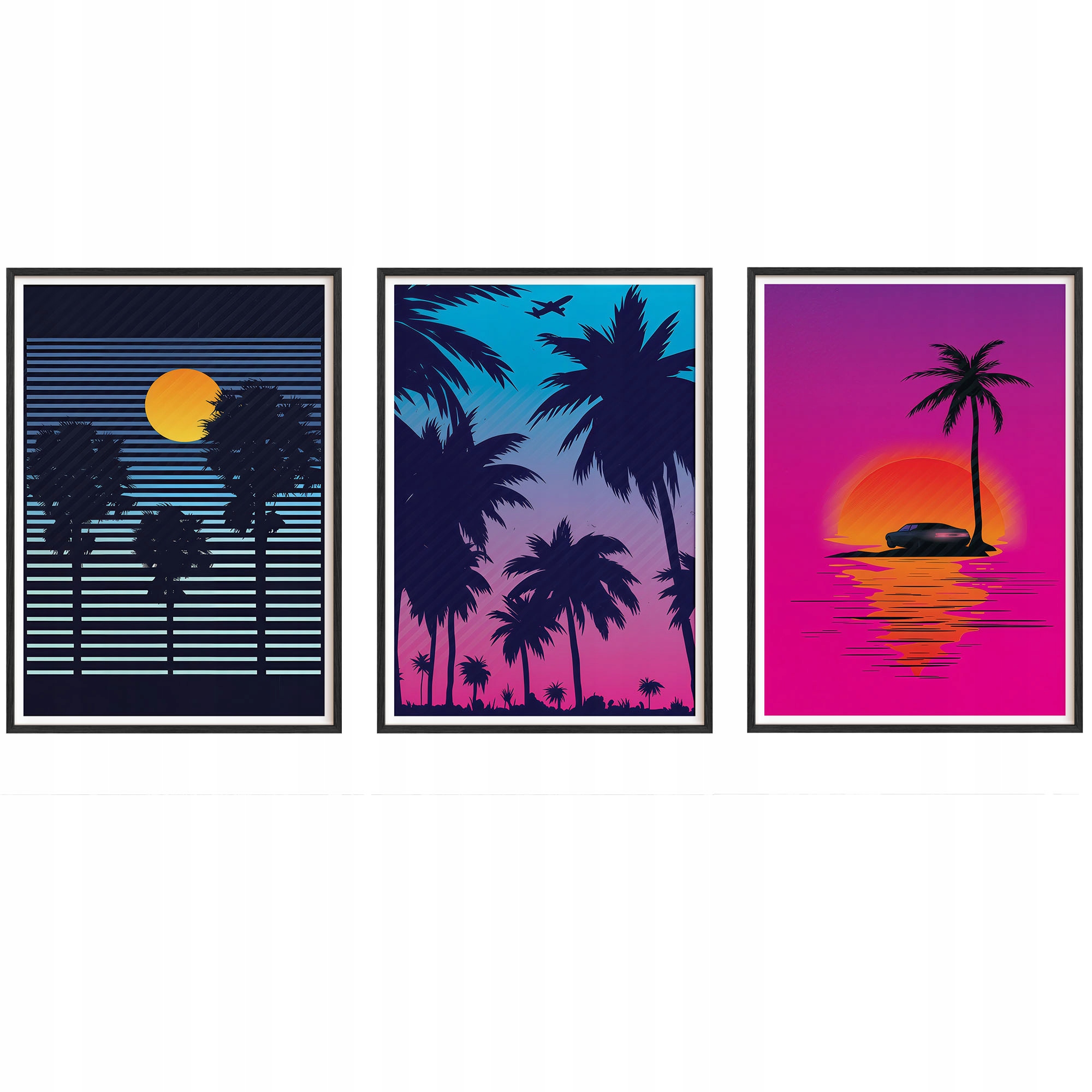 Obrazy Miami Západ slnka Plagáty Drevené rámy Čierne 3ks 30x42 cm