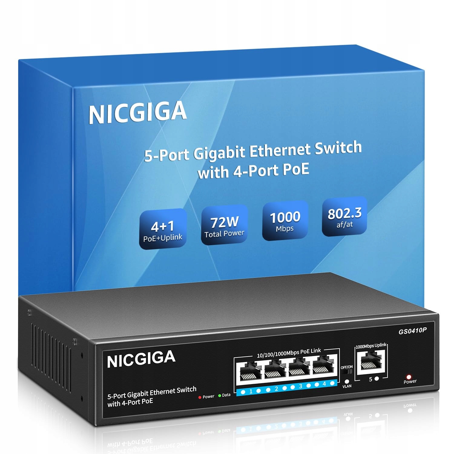 Přepínač 5 portů Gigabit PoE Ethernet 72 W kovové pouzdro Nicgiga