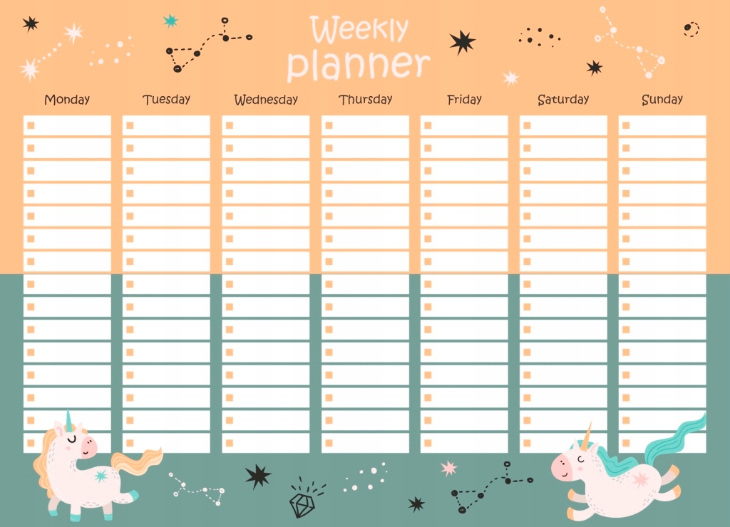 Planner tygodniowy Plan lekcji Jednorożce A4