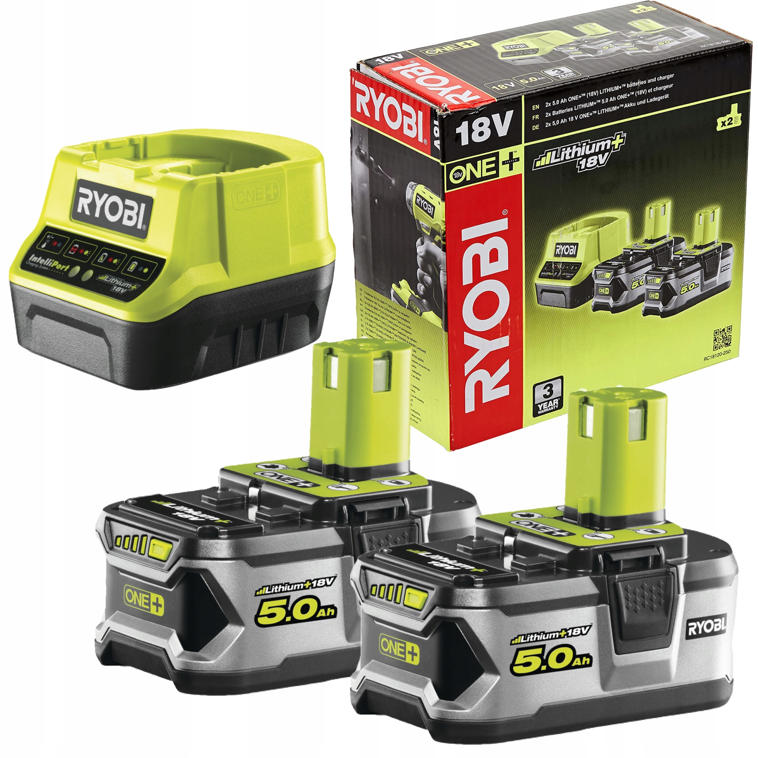 Ryobi Sada akumulátorů 18V Lithium+ (2 x 5.0 Ah) s nabíječkou RC18120-250
