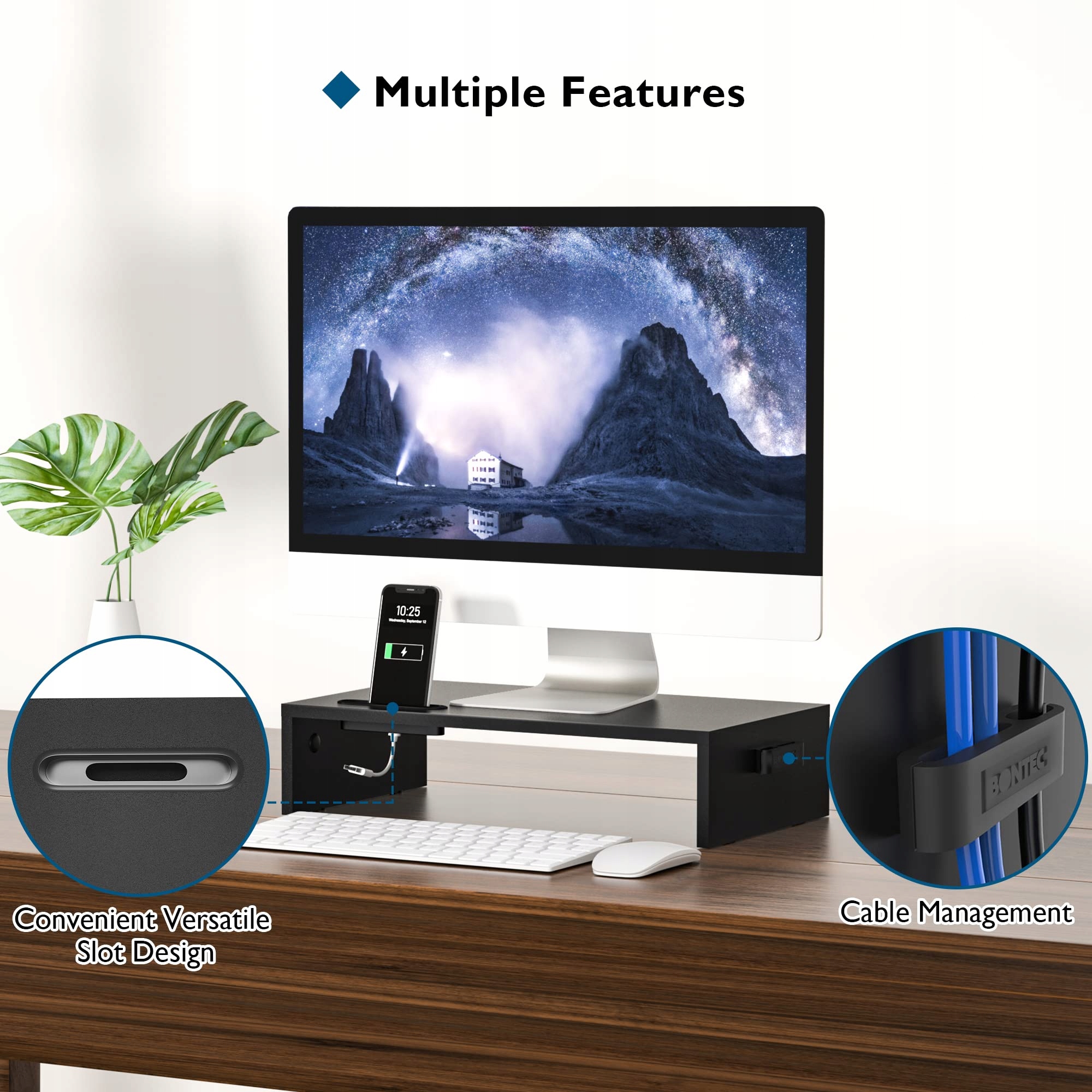BONTEC Stojak Pod Monitor Ergonomiczny Z Uchwytami Na Telefon Laptop PC — miniatura 2