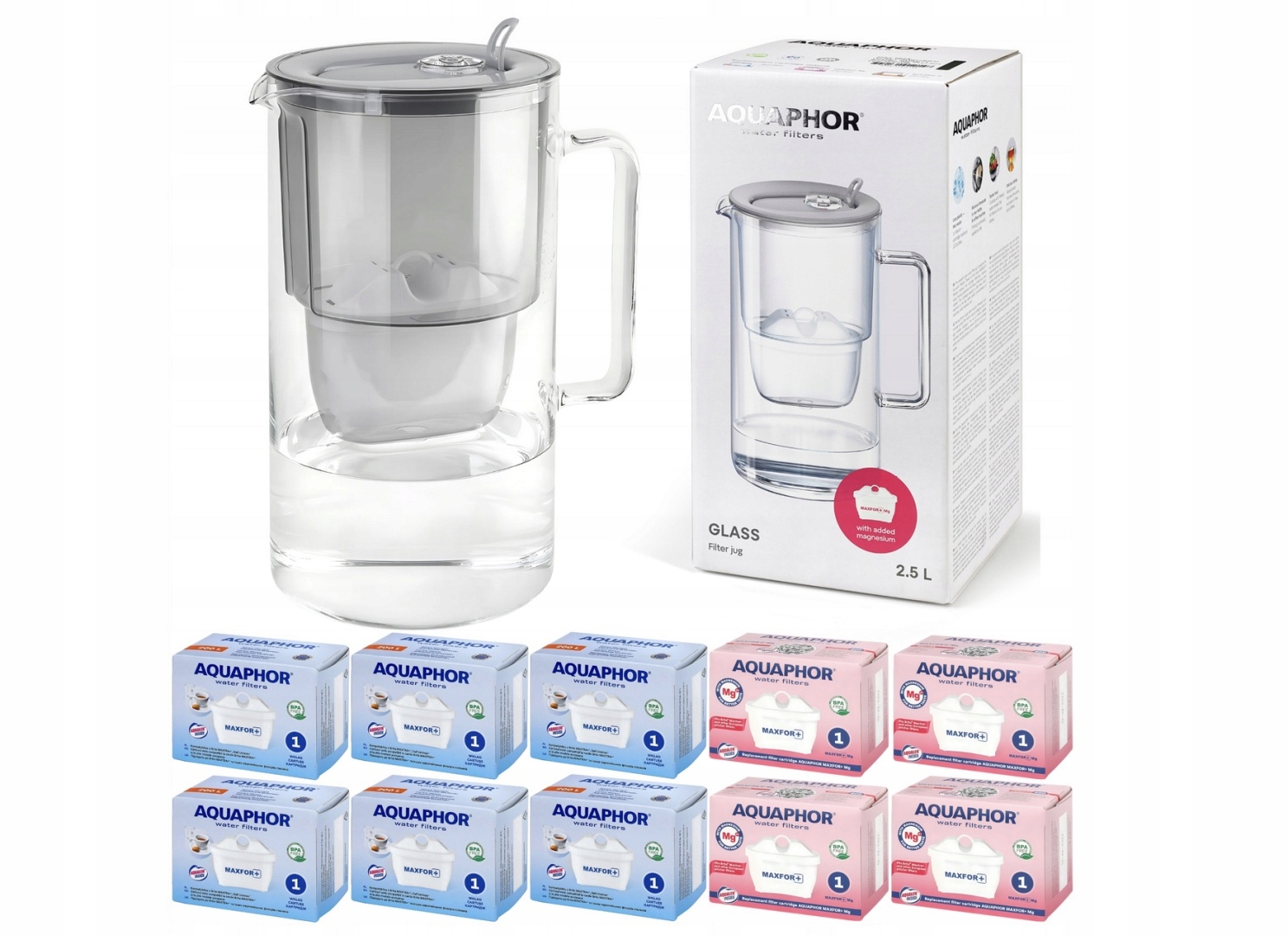Dzbanek filtrujący szklany Aquaphor Glass 2,5l 10 wkładów, Szary