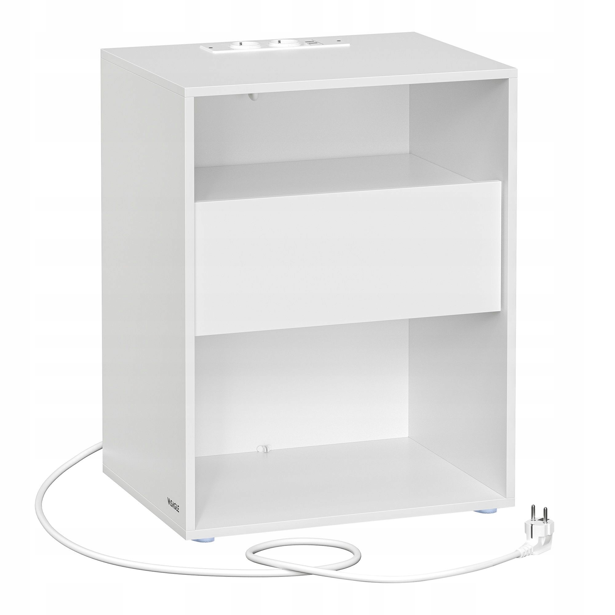 Biely nočný stolík s otvorenými policami a zásuvkou nočná skrinka s napájacou lištou