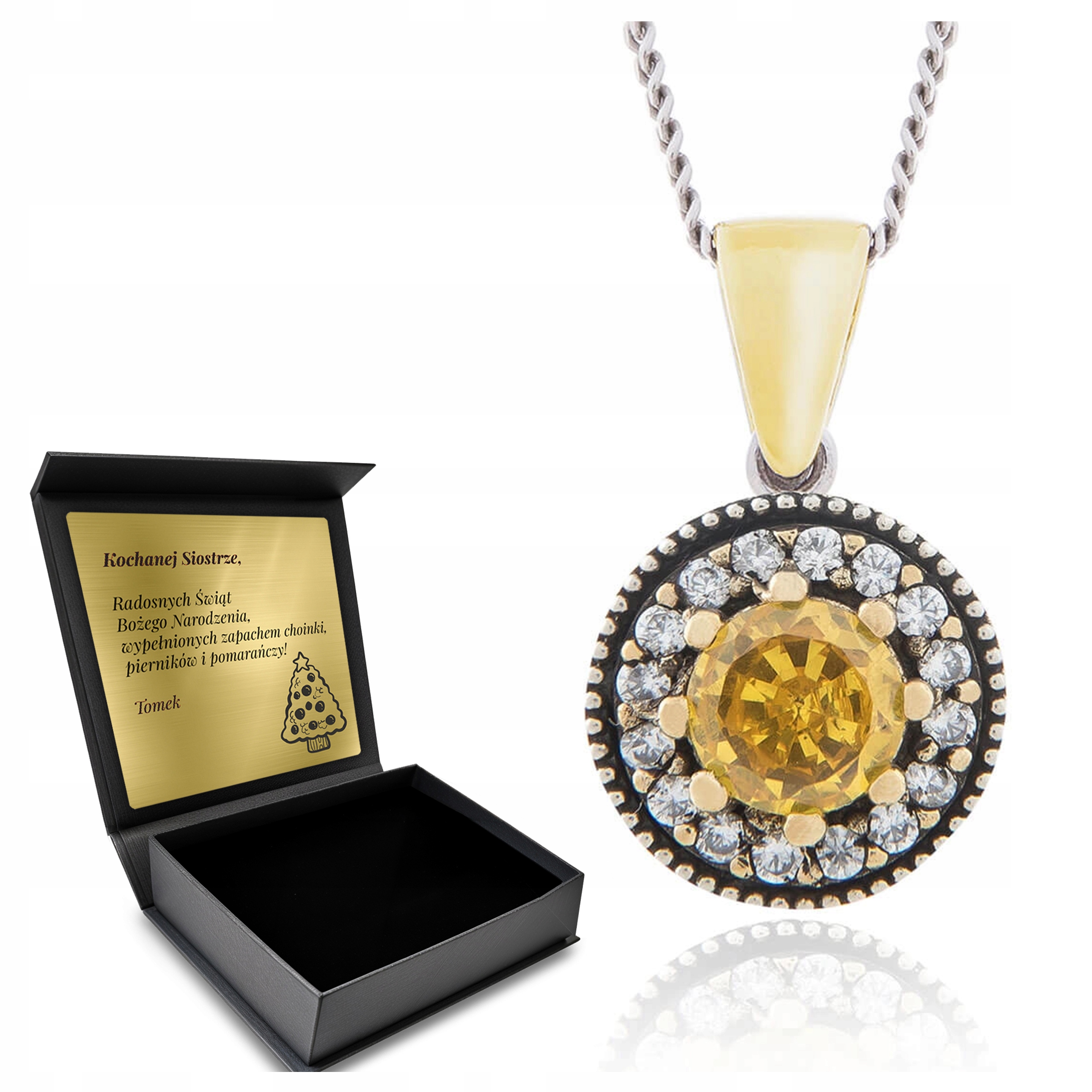 Stříbrný Náhrdelník 925 S Zirkony A Citronem Pro Ženu Gravírování Bonus