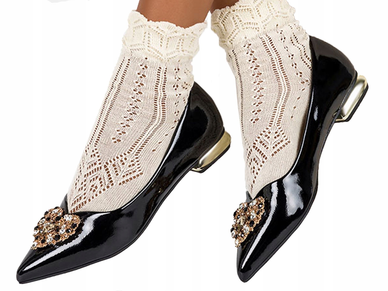 BALERINY DAMSKIE Z OZDOBĄ NA NISKIM OZDOBNYM OBCASIE SKÓRZANA WKŁADKA r 36