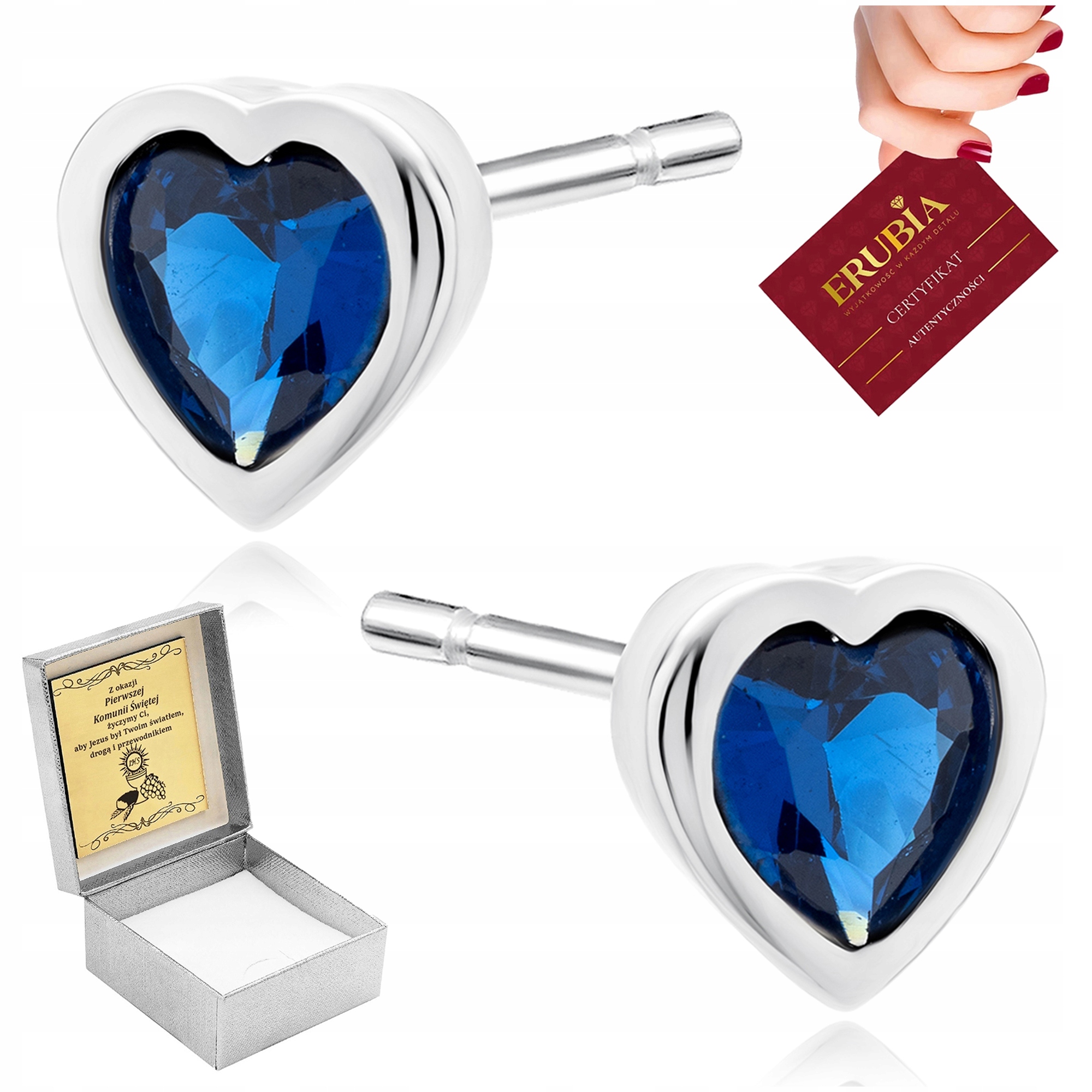 Stříbrné Náušnice Srdce Ryzost 925 Zirkon Safírová Pro Dívku Gravírování