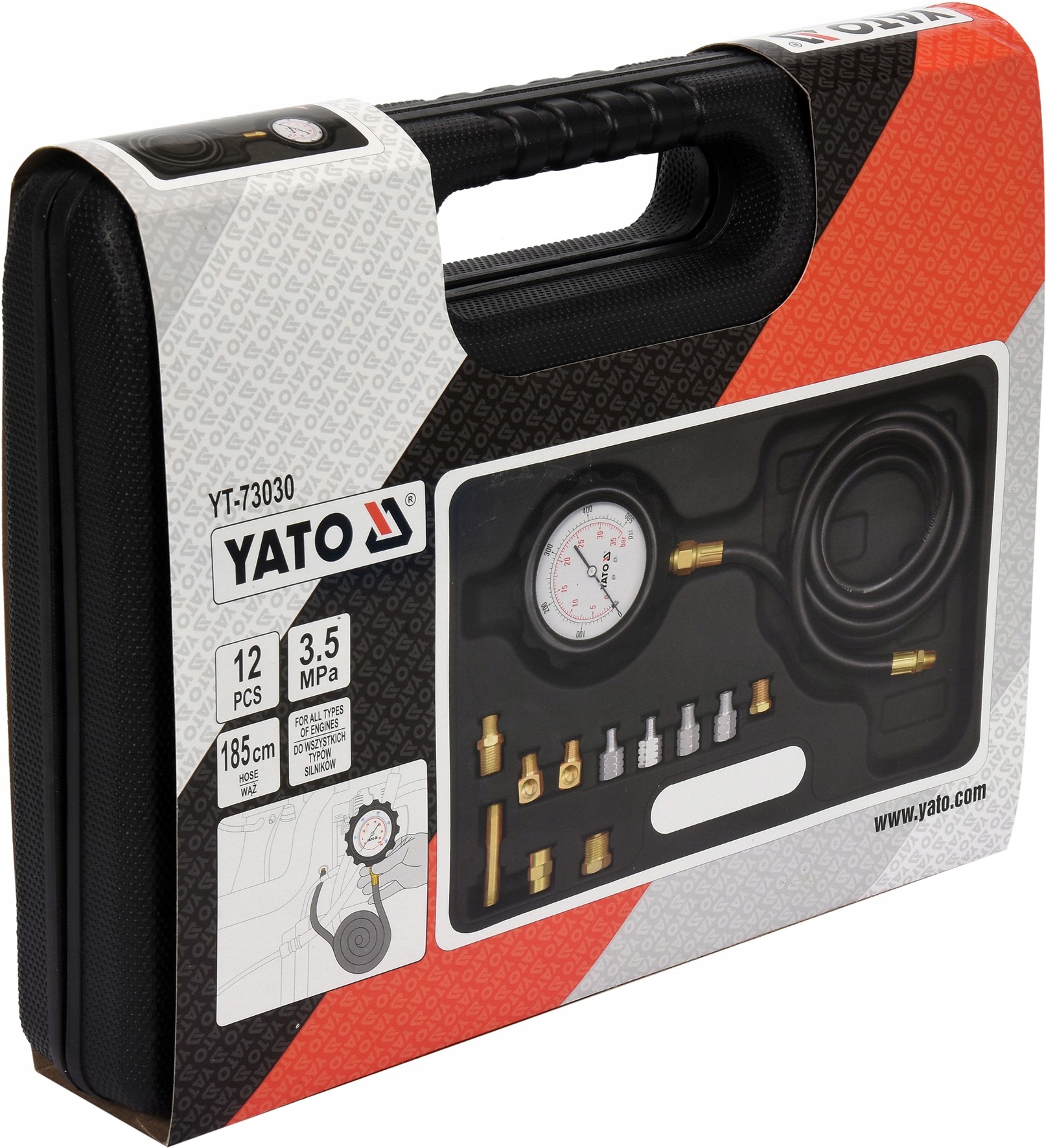 YATO YT-73030 TESTER CIŚNIENIA OLEJU MIERNIK 12 EL YATO 0-500 psi 0-35 BAR Kod producenta YT-73030