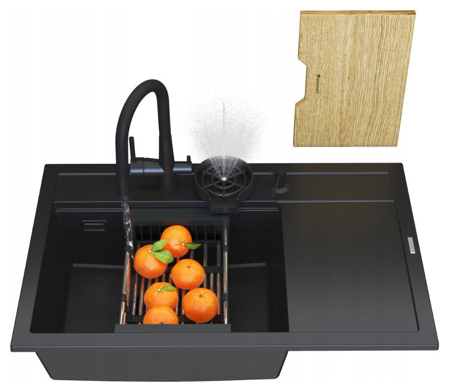 Granitový drez čierny Rendo Sada 9v1 s batériou a sifónom a umývačkou riadu