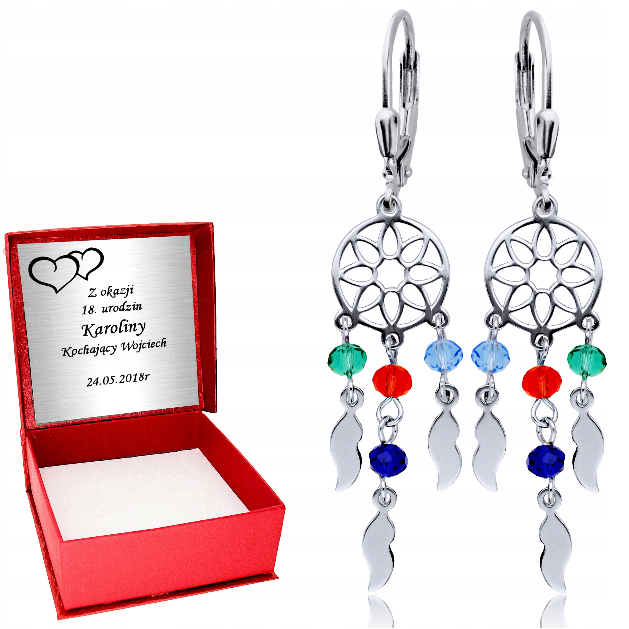 

Srebrne Kolczyki 925 Wiszące Łapacz Snów Kolorowy