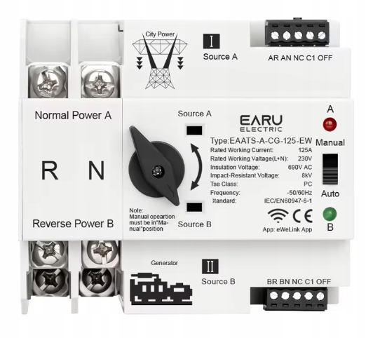 Ats Automatyczny Przełącznik zasilania Agregat Sieć 125A 2P Wifi eWeLink