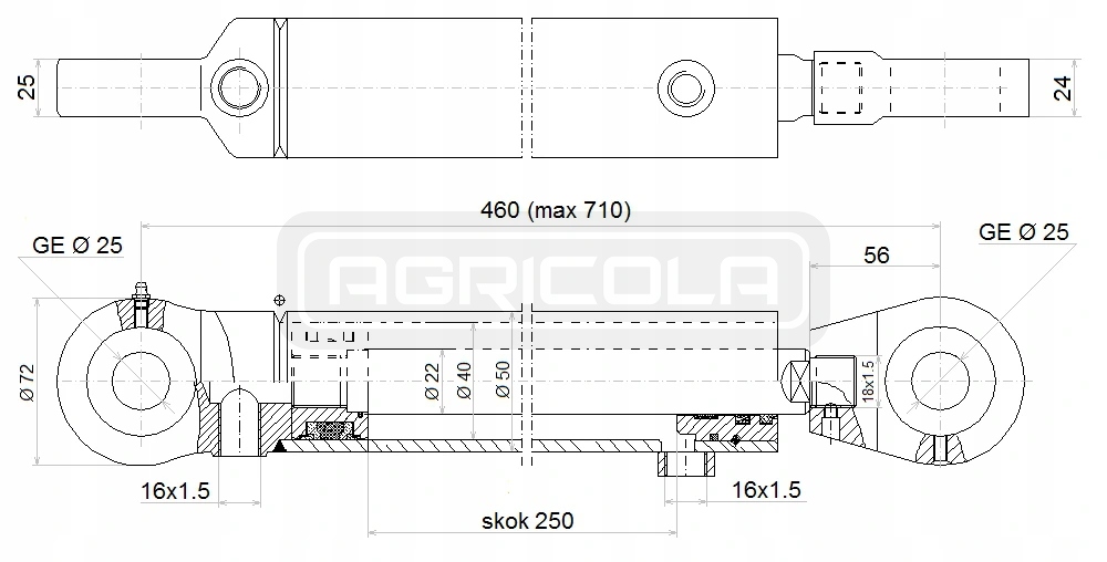 SIŁOWNIK CYLINDER TŁOK HYDRAULICZNY 2-STR 40/22 SKOK 250mm L:460 HYDROLIDER Numer katalogowy części A1.29.00.0250