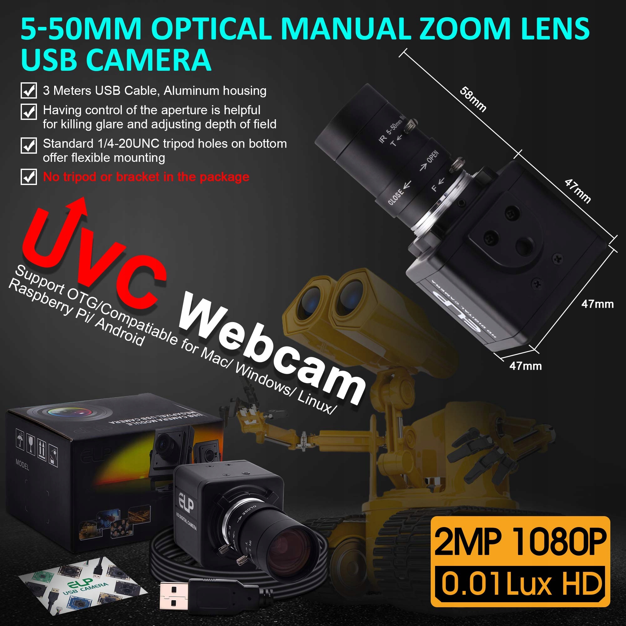 ELP Kamera FHD 1080P Zoom Ogniskowa 5-50mm USB — miniatura 6