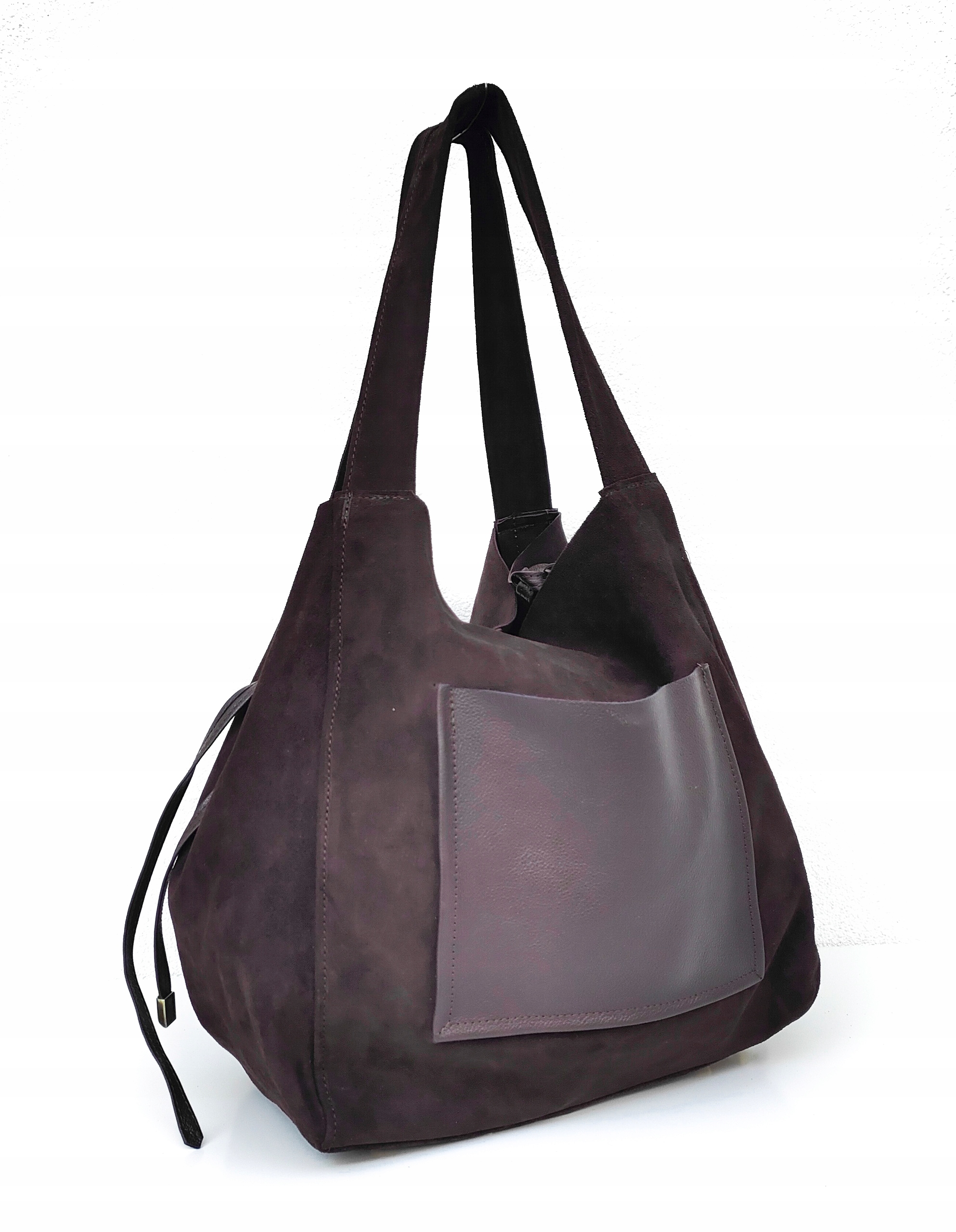 Semišová shopper kabelka z přírodní kůže, hnědá, čokoládová