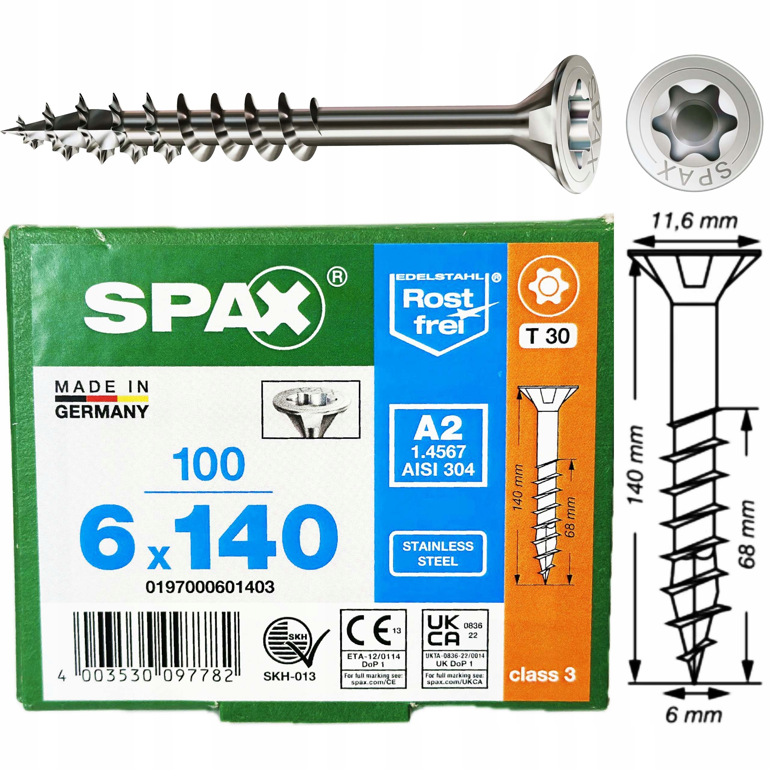 Wkręty Nierdzewne 6x140 mm wkręty do drewna 100szt Stal Szlachetna A2 Spax