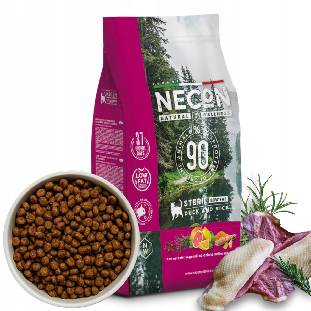 Levně Suché krmivo pro kočky kachna s rýží 1,5 kg po sterilizaci, zdravé zuby