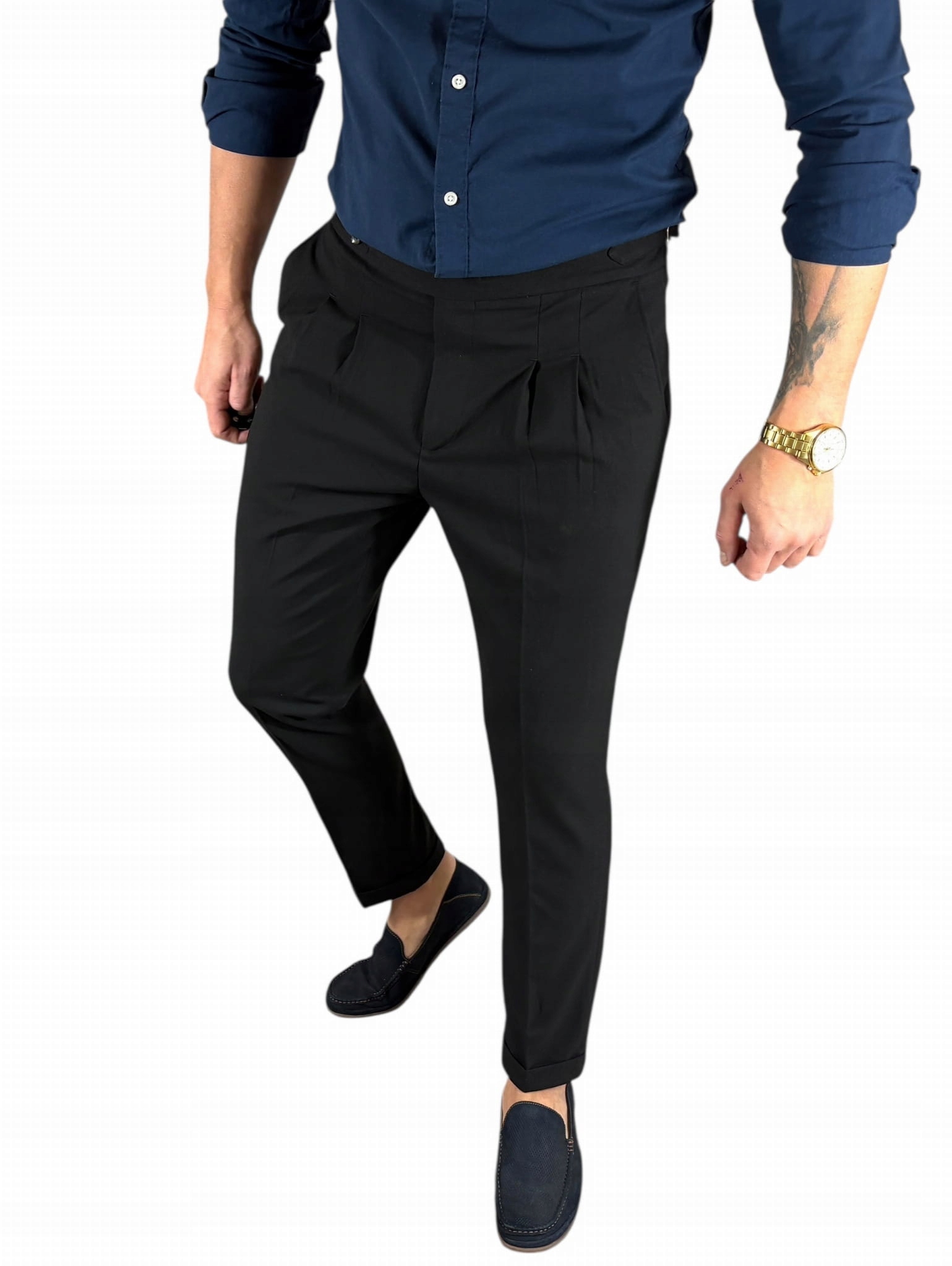 Pánské společenské kalhoty s vysokým pasem černé, hladké, DJ20 W33