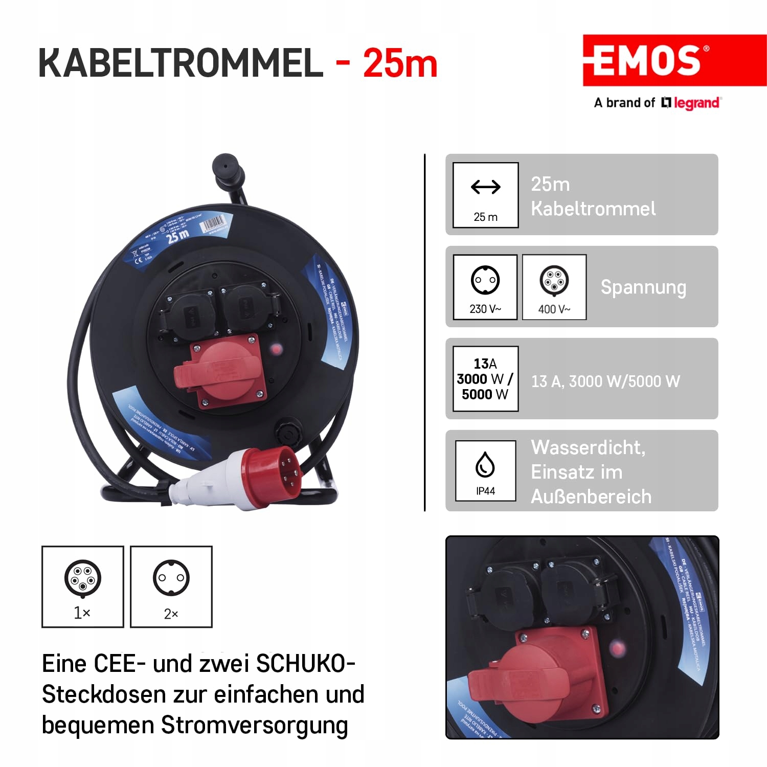 EMOS Kabel Bębnowy 25m 3 Gniazda Wodoodporny Na Zewnątrz Camping — miniatura 2