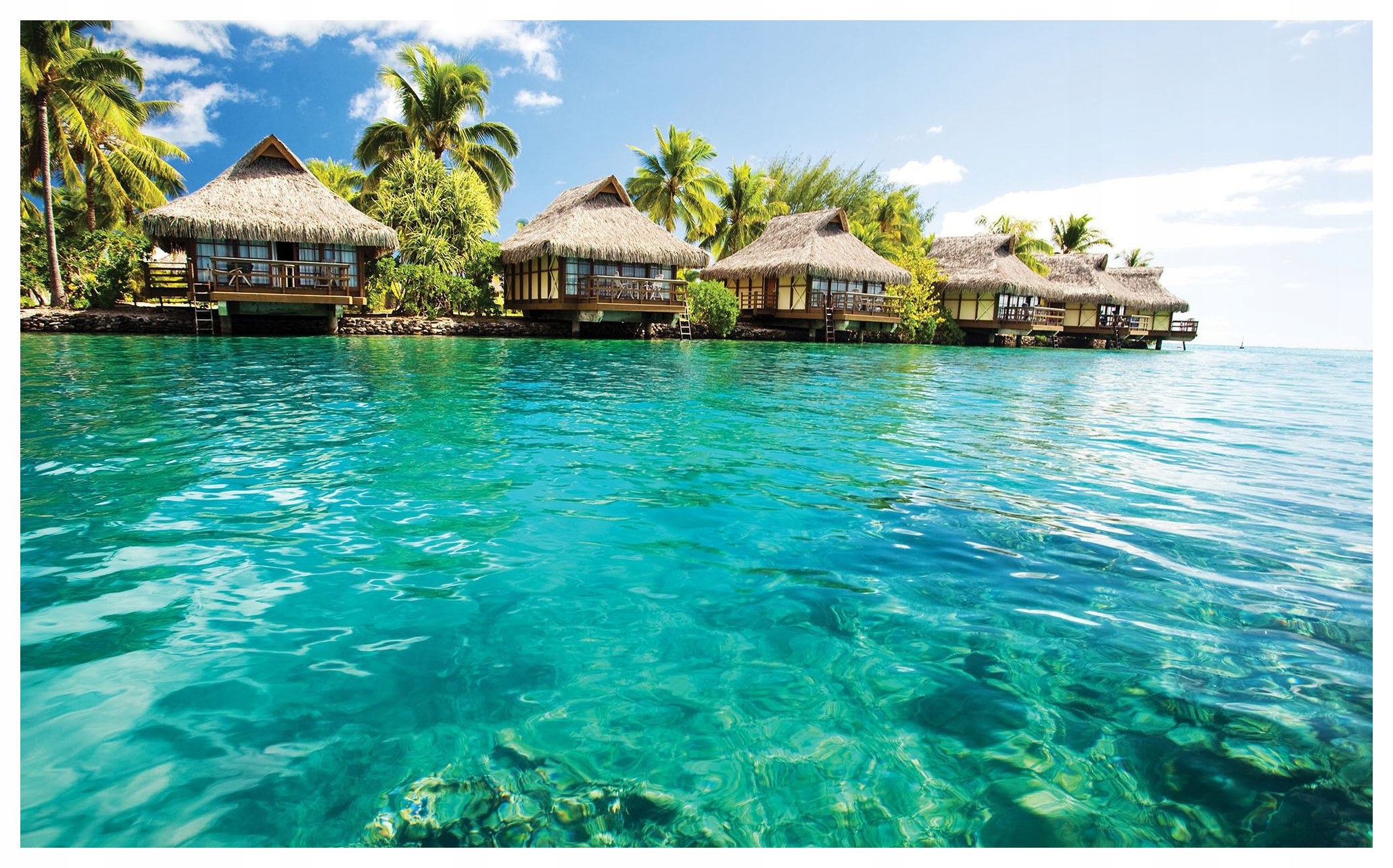 Tapeta Bungalov Palmy Relax Světle Modrá 254x184 Tropický ráj Exotika lepidlo