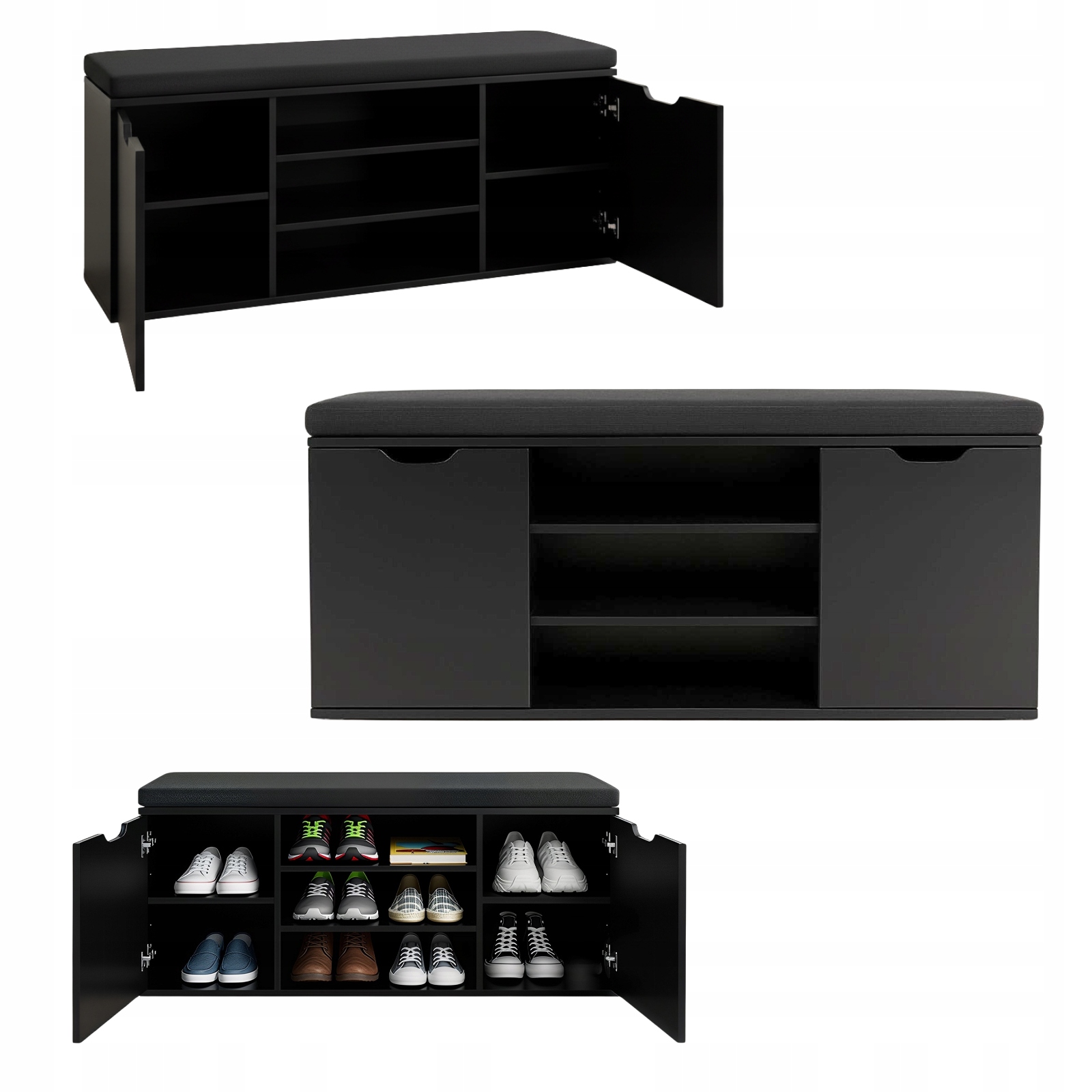 Botník černý se sedákem Porta, 103 x 30 x 46 cm