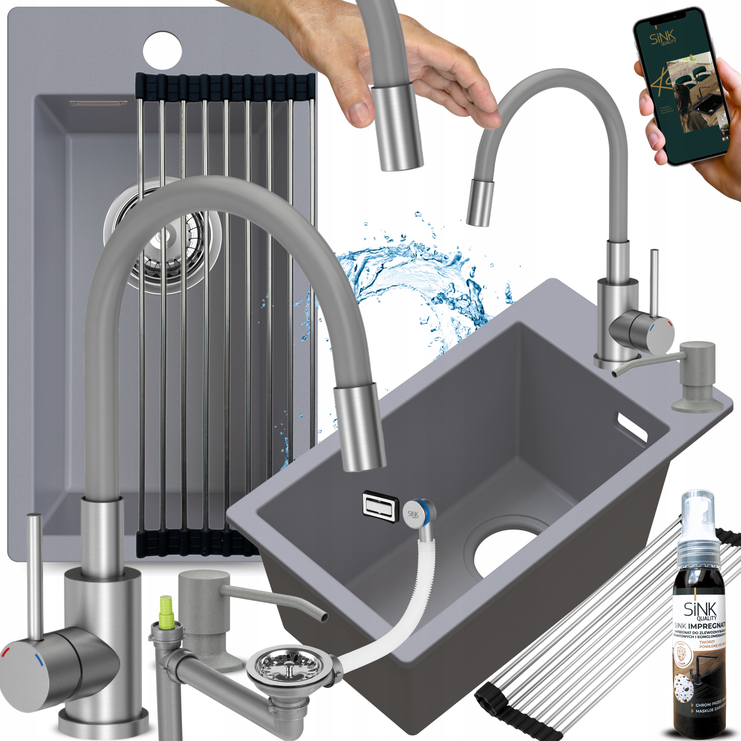 Jednokomorový granitový Drez Šedý s flexibilnou batériou Malý Úzky