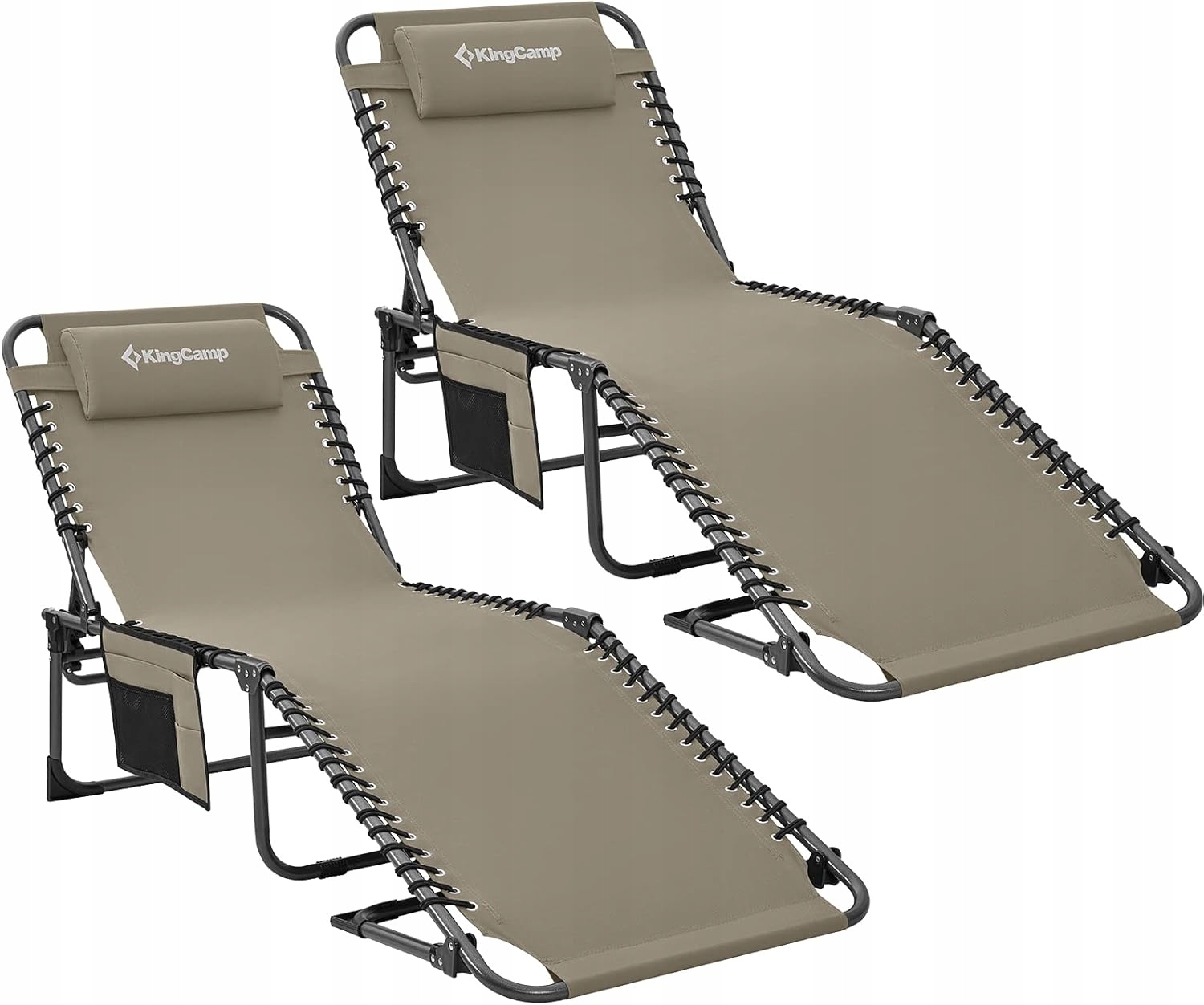 KingCamp 2 skladacie kempingové ležadlá béžovej farby s operadlom a vankúšom